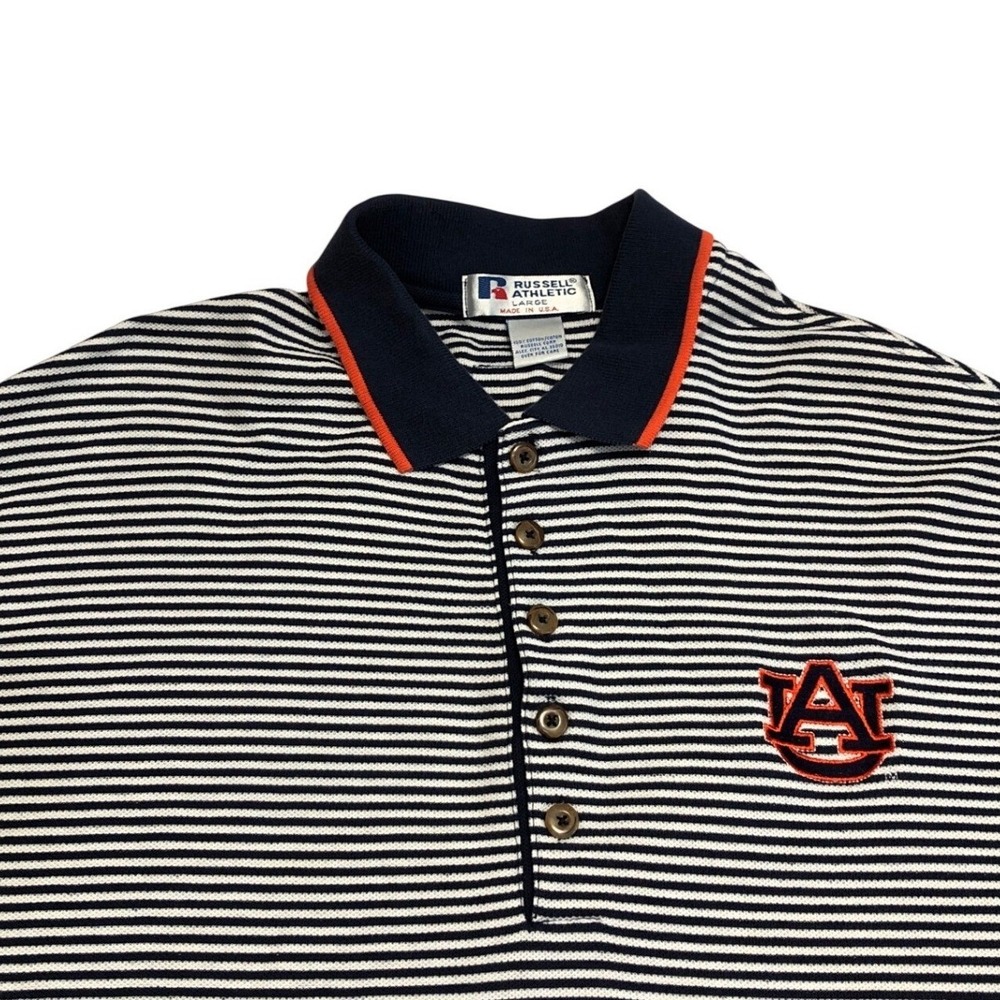 Vintage Russell Athletic Auburn Tigers Polo Shirt Mens Large Striped Navy 533097